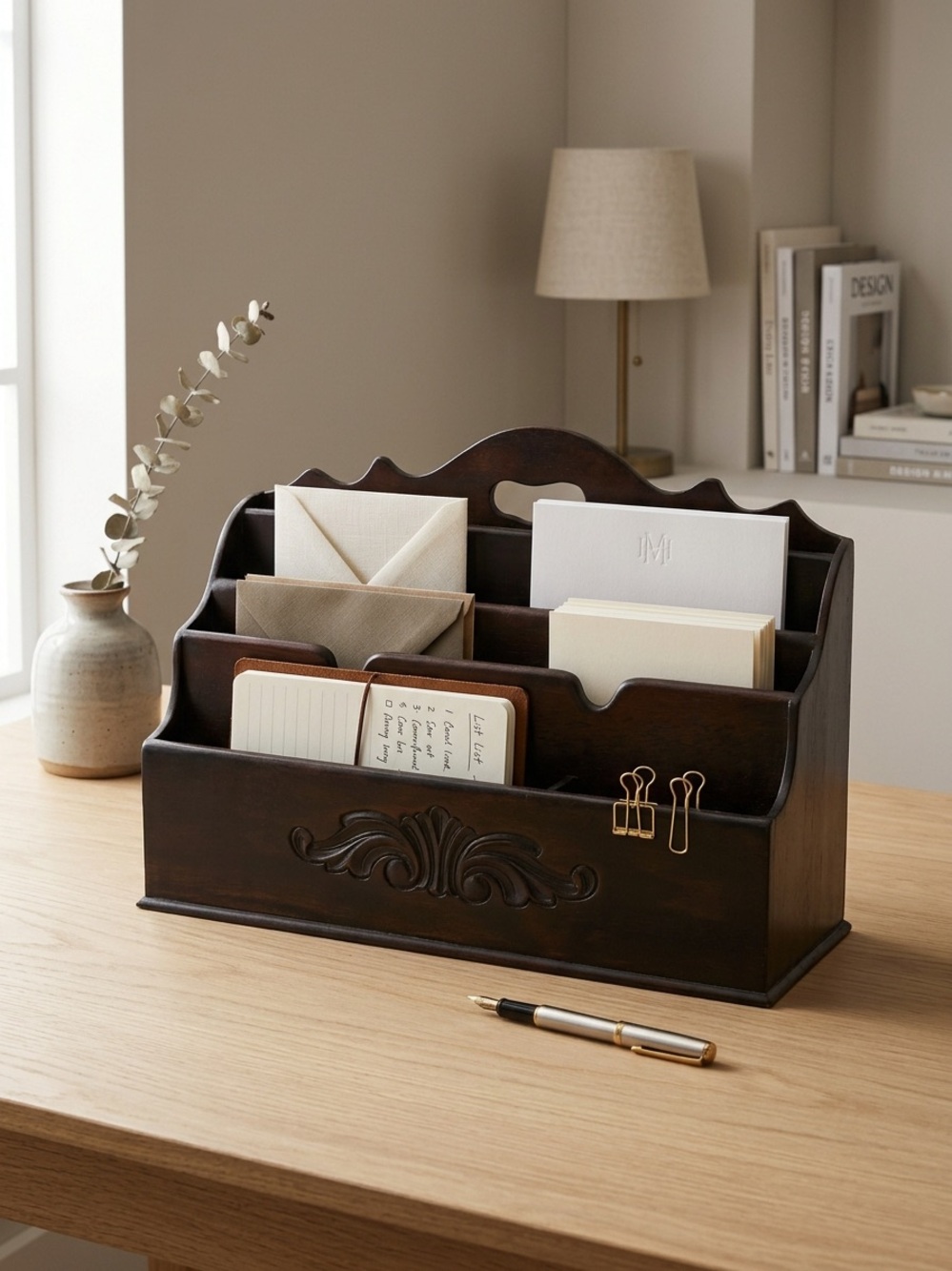 Vintage Style Dark Wood 3-Tier Desktop Letter Organizer with Carved Details - Picture 2 of 6